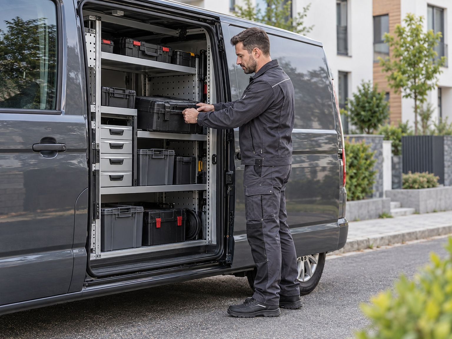 Servicetechniker nimmt einen Werkzeugkoffer aus dem Regaleinbau eines Transporters