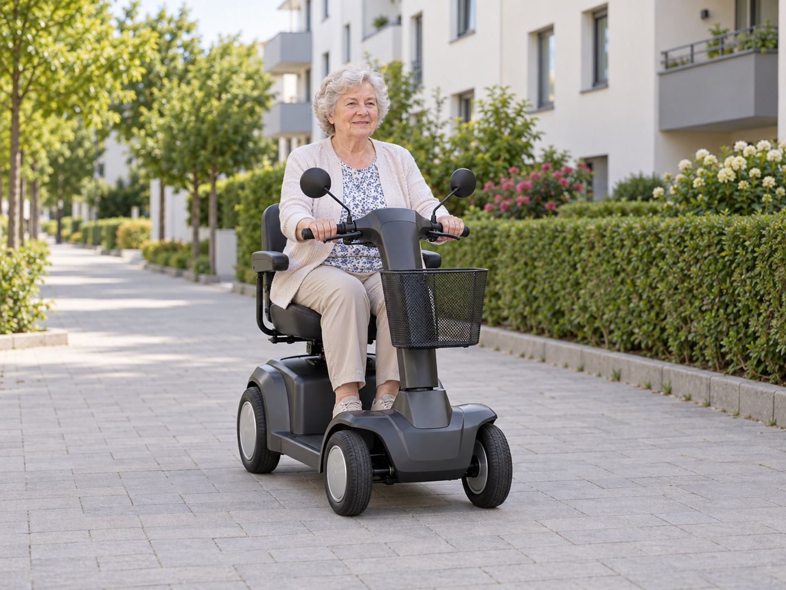 Ältere Frau fährt ein Elektro-Seniorenmobil durch eine Wohnstraße