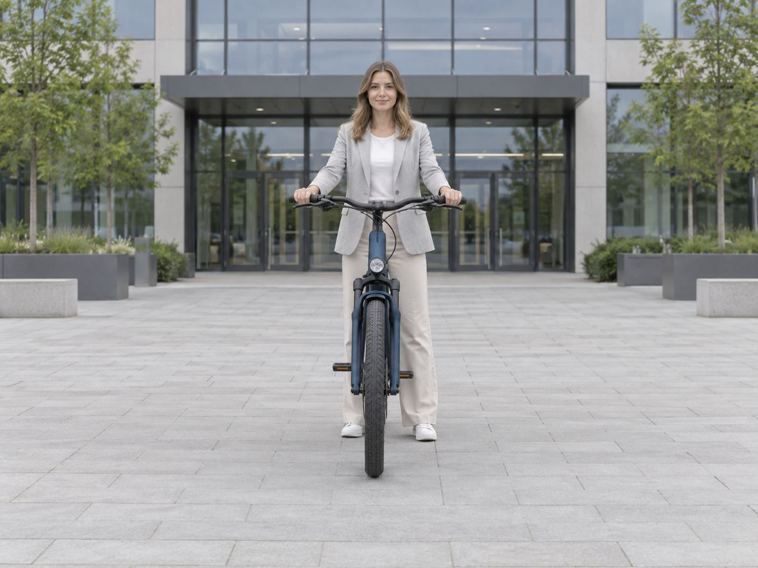 Mitarbeiterin mit einem Dienst-E-Bike vor einem Bürogebäude