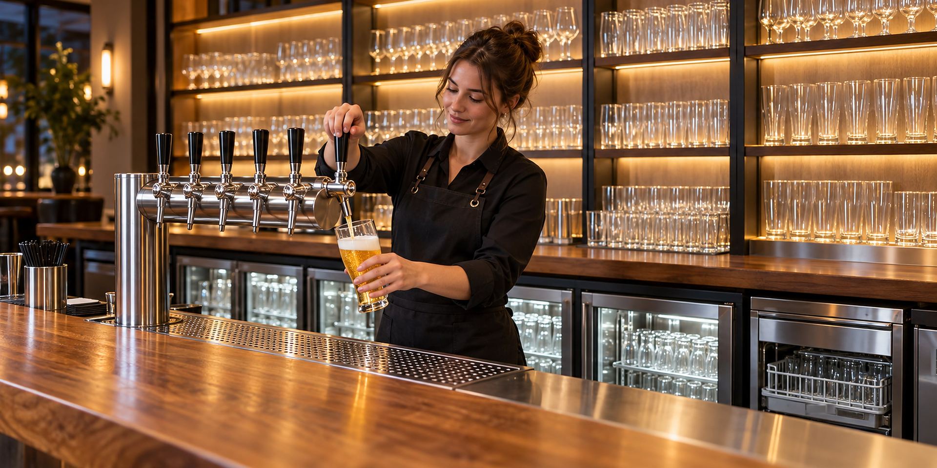 Barkeeper zapft an einer Schankanlage aus Edelstahl
