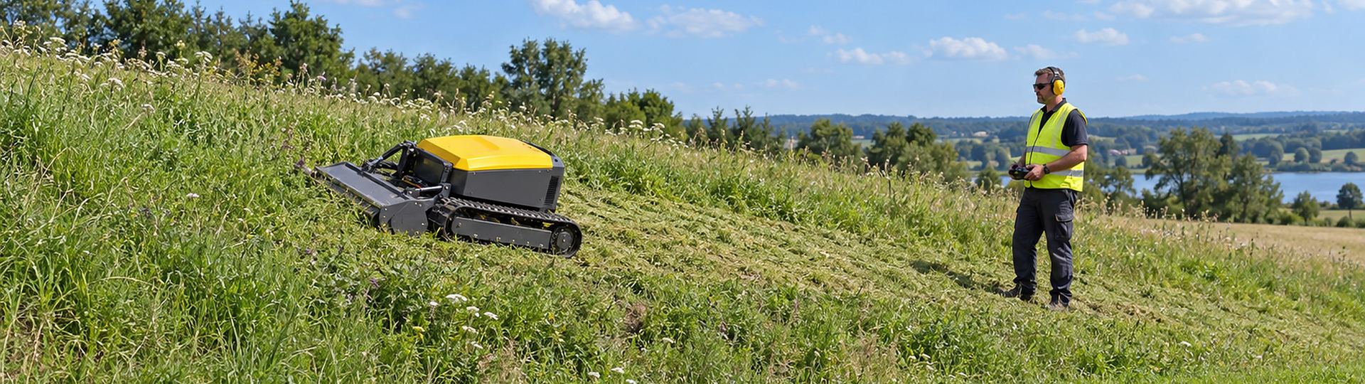 Ferngesteuerter Raupenmäher an einer Böschung, Bediener mit Fernbedienung