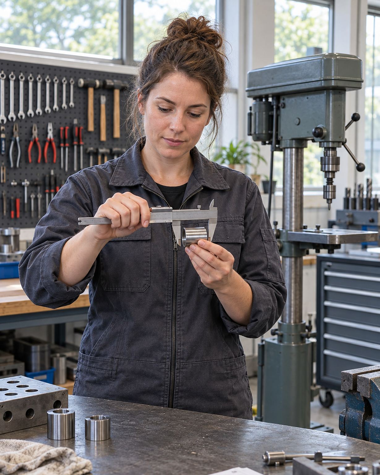 Handwerkerin misst ein Werkstück an der Werkbank einer Betriebswerkstatt