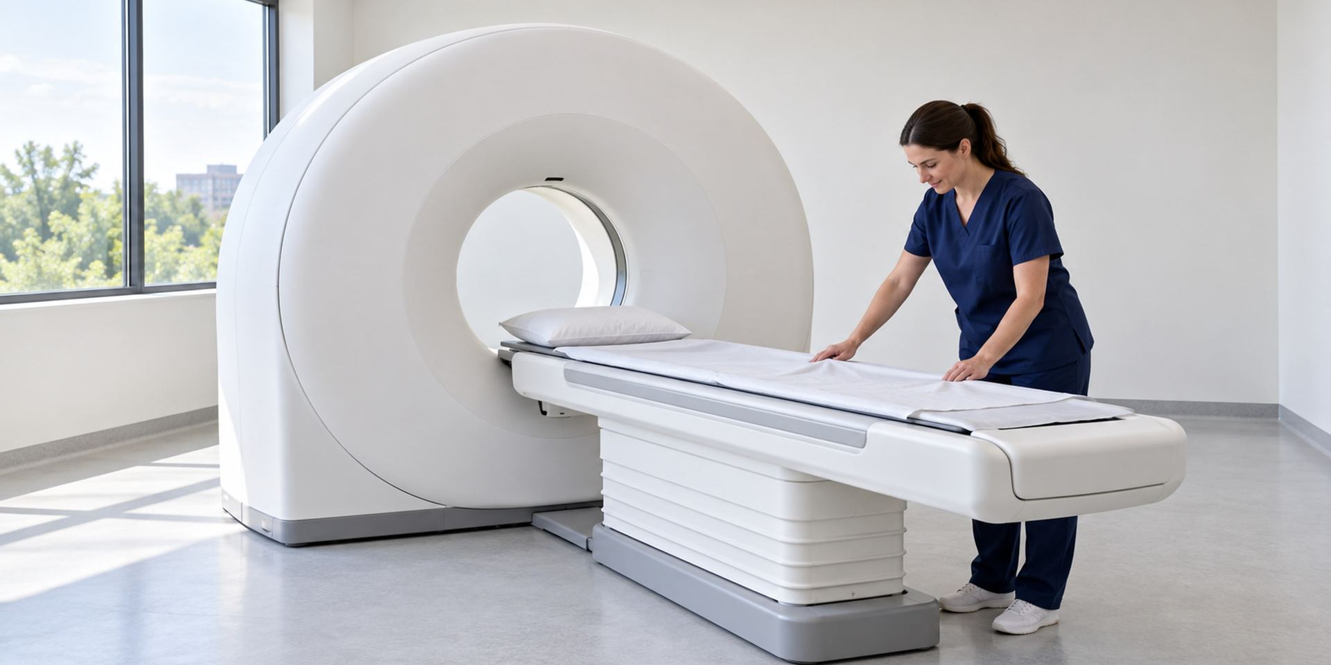 Computertomograph mit Patiententisch in einem Radiologieraum