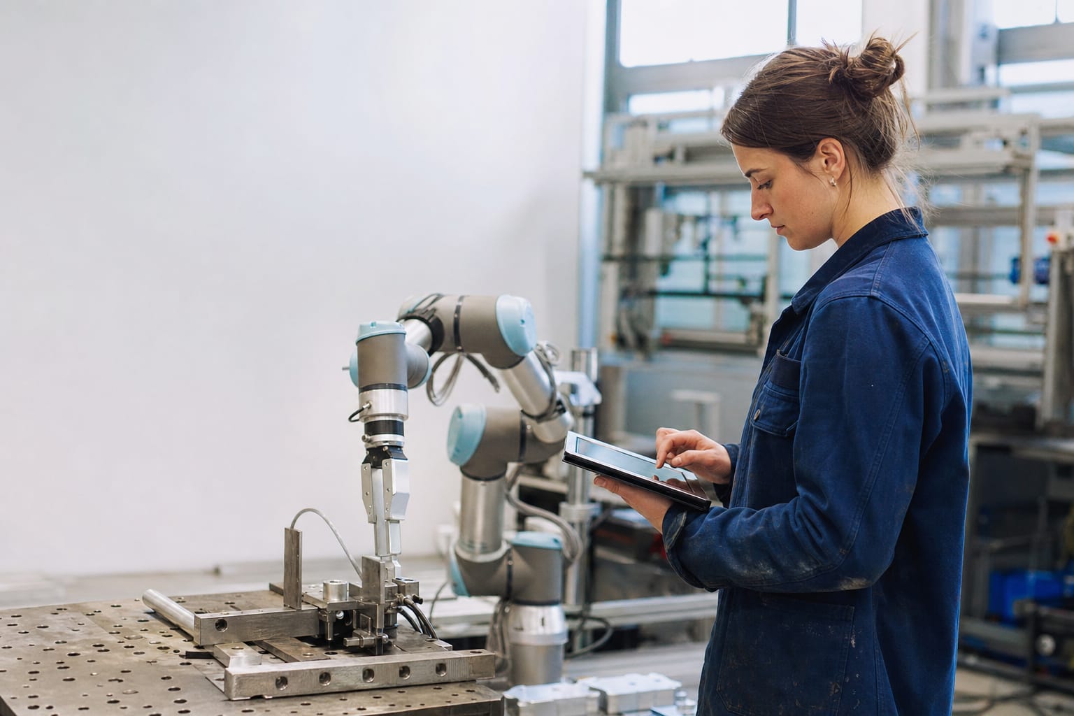 Ingenieurin mit Tablet an einem kollaborativen Roboterarm