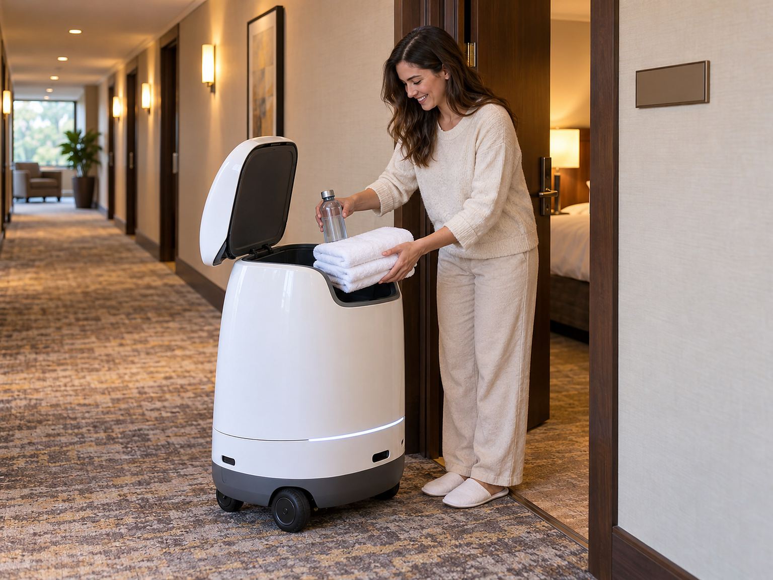 Lieferroboter an einer Hotelzimmertür, Gast nimmt Handtücher heraus