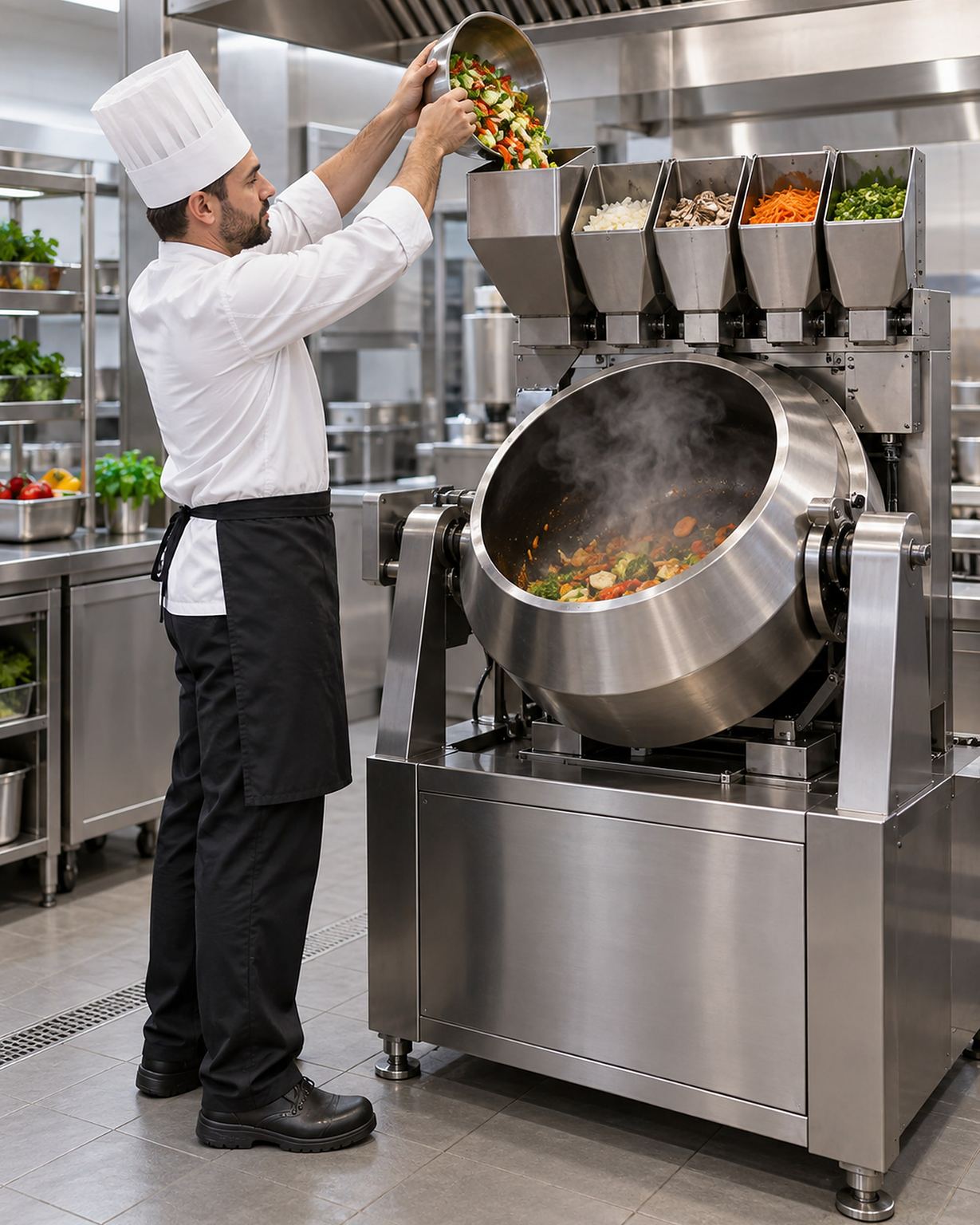 Wok-Kochroboter in einer Restaurantküche, Koch füllt Zutaten nach
